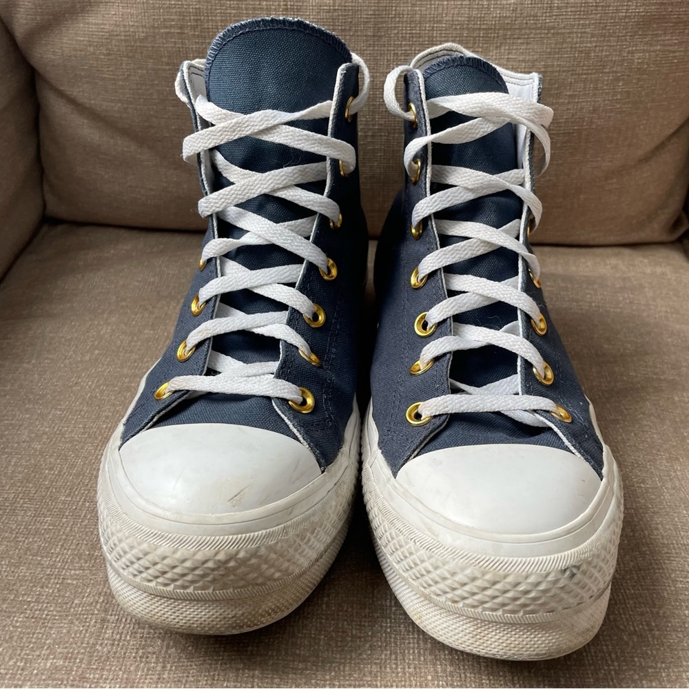 Custom Embroidered Converse Blue High-Tops with White Laces Gold Accents - Picture 3 of 9